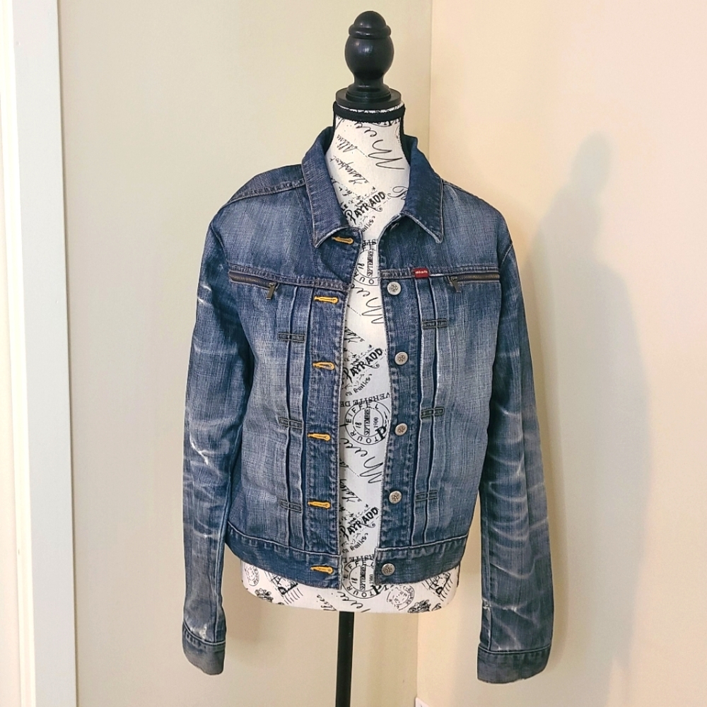 Vintage Dish Denim Jean Jacket Distressed Denim Unisex Size L Blue